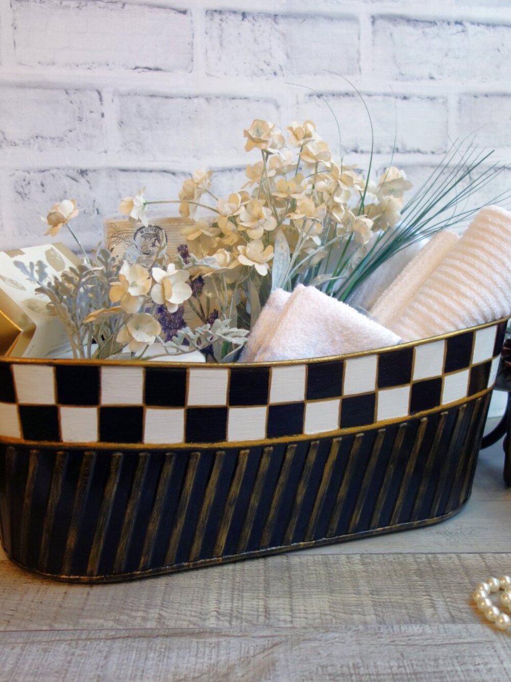 Checked Oval Storage Caddy Bin Black White Checked Mantle Decor Checked Basket